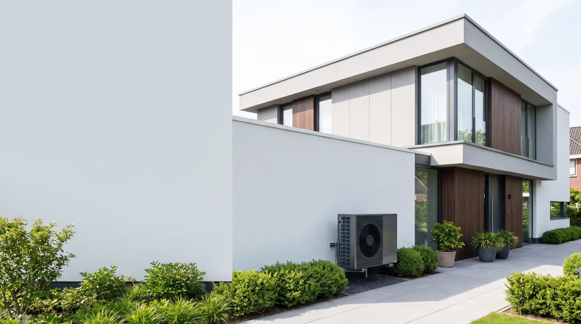 Warmtepomp-buitenunit netjes geïnstalleerd naast een moderne woning